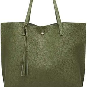 Olive Army Green Faux Leather Soft Tote Bag with Tassel